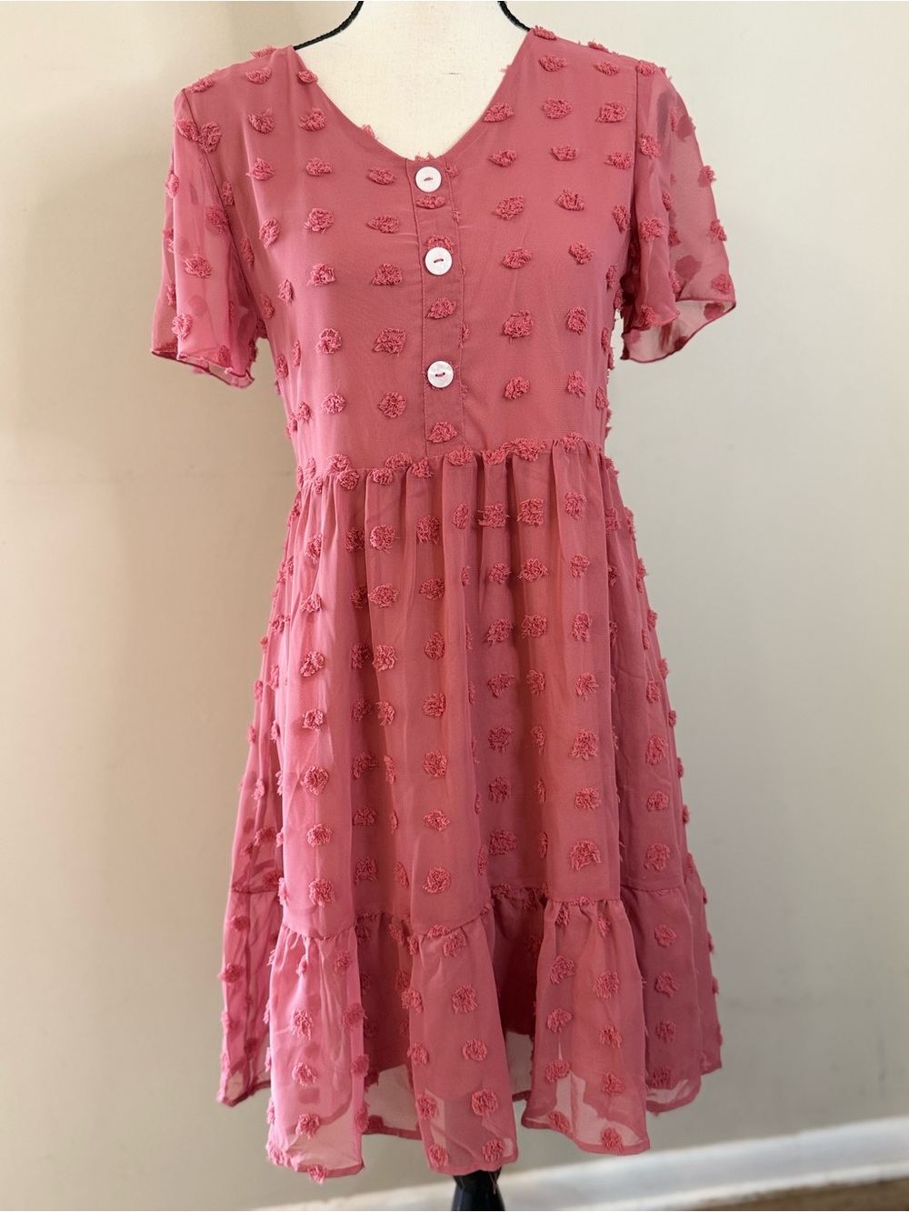 alredine preppy large Swiss dot mauve pink ruffle midi dress XS